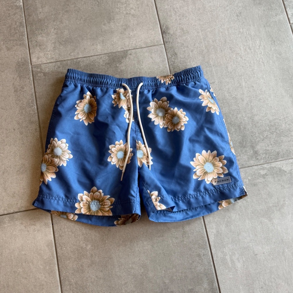 PacSun Mens Blue Sunflower Floral Swim Trunks Board Shorts Small 5 Inch Inseam